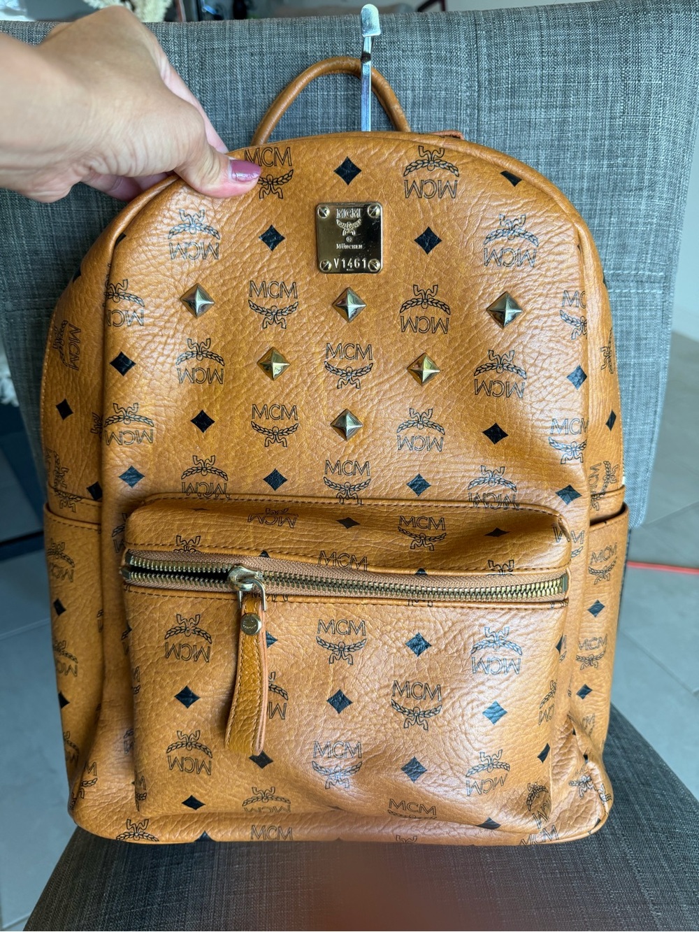 MCM Cognac Logo-Print Studded Backpack